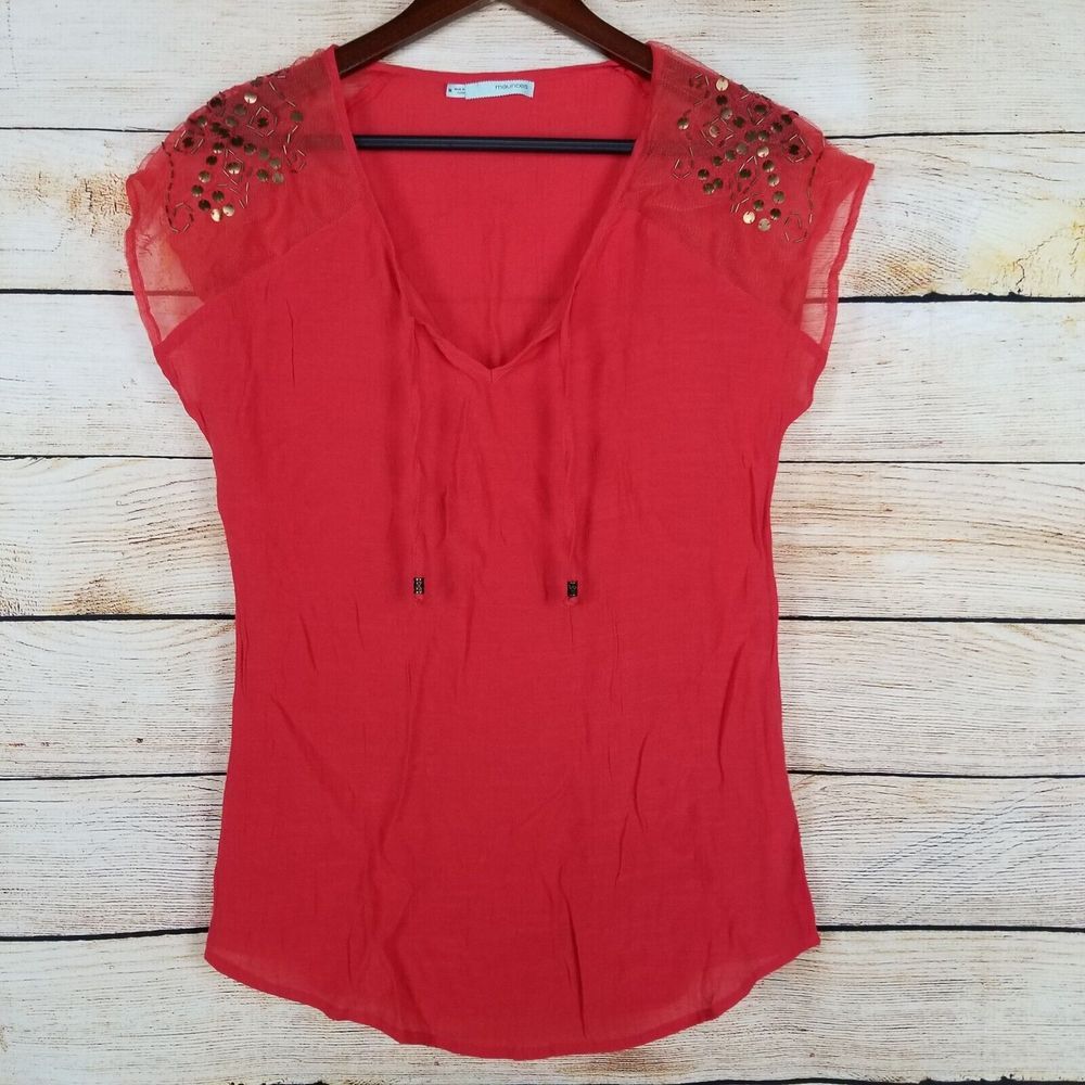 Maurices Womens Top Size M Pinkish Orange Short Beaded Sequin Sleeve V-Neck